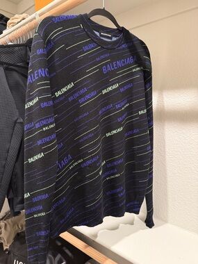 Balenciaga Black Logo-Print Crewneck Sweater - Blue & Green Accents